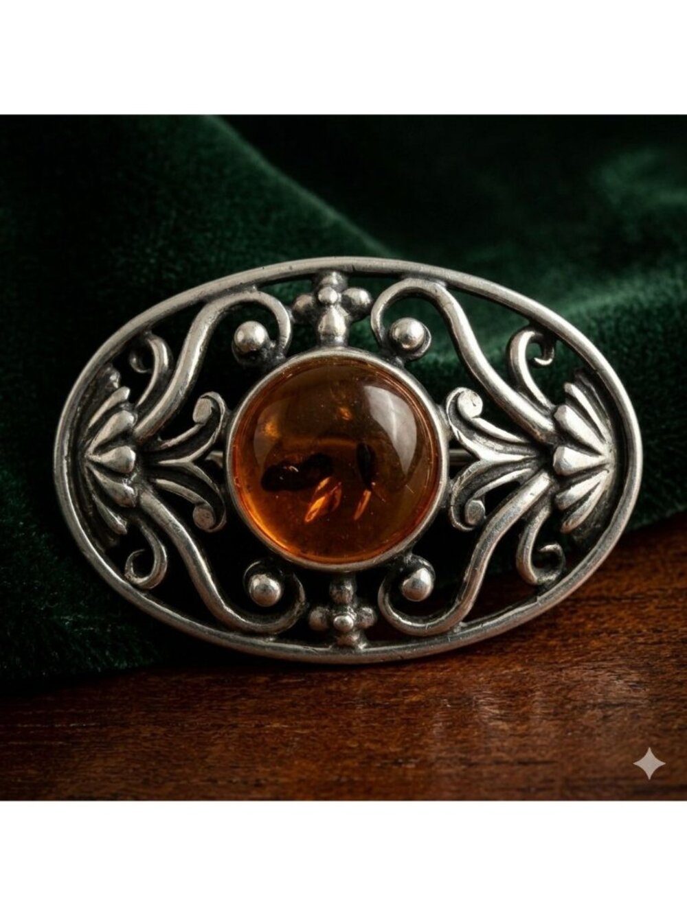 Vintage Art Nouveau Style Sterling Silver Baltic Amber Openwork Oval Brooch Pin